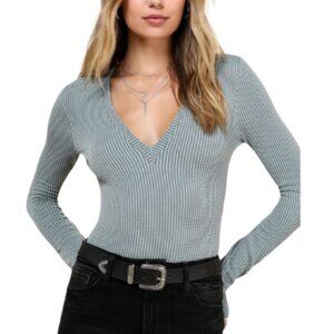 Lulus Womens Large Green Textured Ribbed Bodysuit Top
